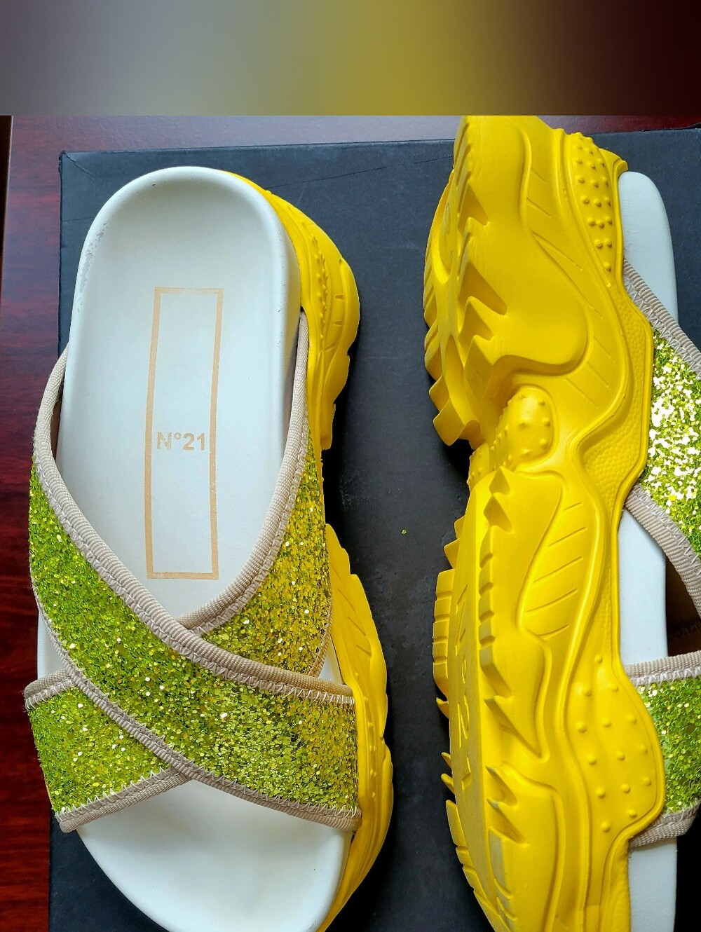 Women's Glitter Crisscross Slide Sandals in Lime Yellow
